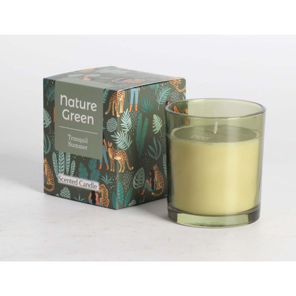 Scented candle in glass NATURE GREEN H9,5cm, Tranquil Summer