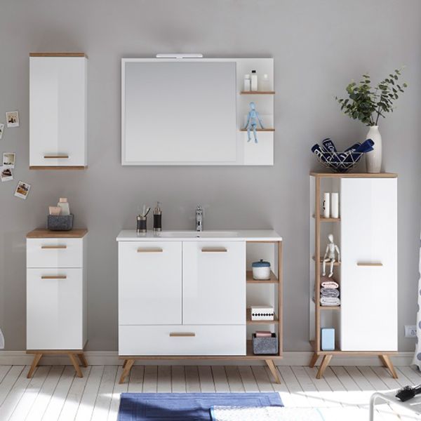 Bathroom set with washbasin 923 white/oak, LED, with wall cabinet
