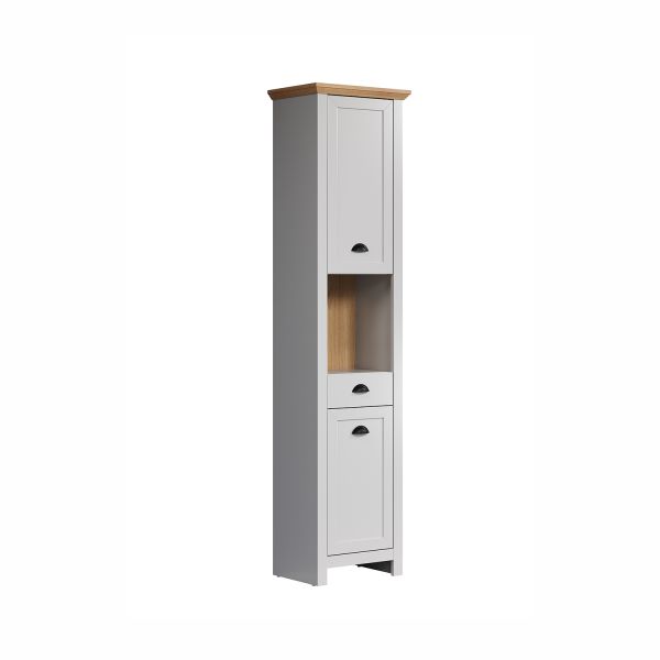 Tall bathroom cabinet LANDSIDE 46x33xH191cm, light grey/oak