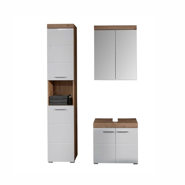 Bathroom set AMANDA with cupboard, white high gloss/oak
