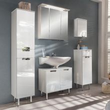 Vannas istabas mēbeļu komplekts ar LED apgaismojumu MARS balta glancēta, ar skapi