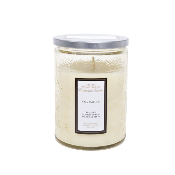Svece stikla burkā ROMANTIC TIMES, D8xH11cm, ar vāku, bēšs (aromāts- CHIC JASMINE)