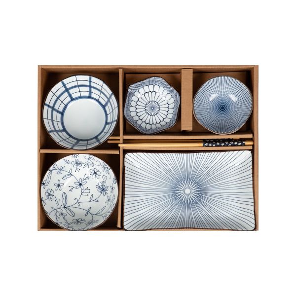 Set SOMETSUKE 4-bowls, platter and chopsticks, blue