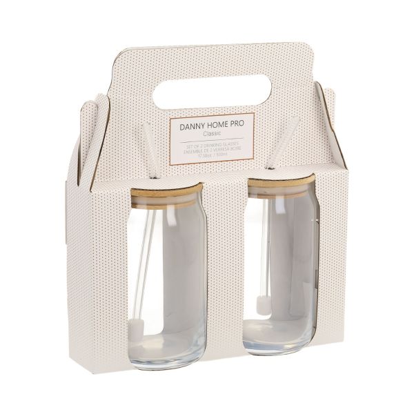 Drinking glasses CLASSIC 2pcs 500ml, with lid and glass straw
