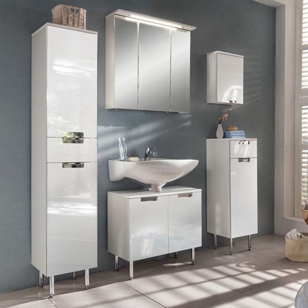 Vannas istabas mēbeļu komplekts ar LED apgaismojumu MARS balta glancēta, ar skapi