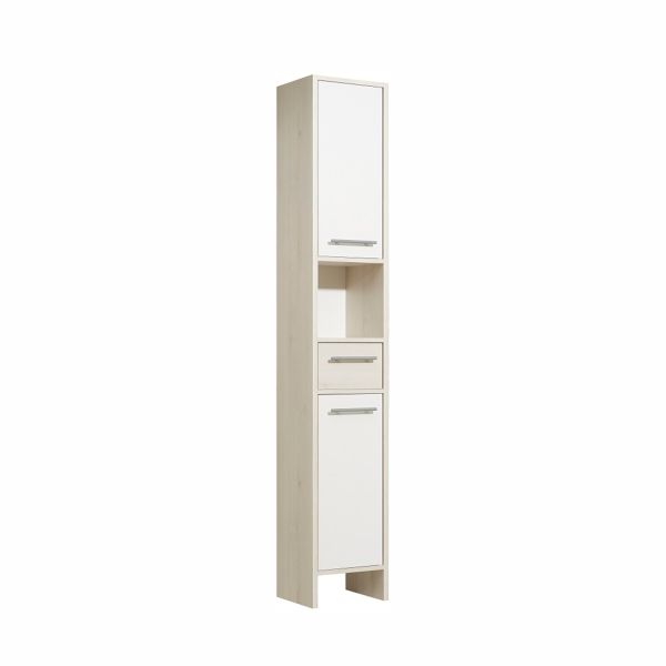 Tall bathroom cabinet 350, 33x28xH195,5cm, white / light brown