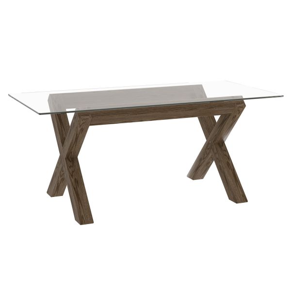 Ēdamistabas galds TURIN 180x90xH75cm, galda virsma: caurspīdīgs stikls, tumšas ozolkoka krusteniskās kājas
