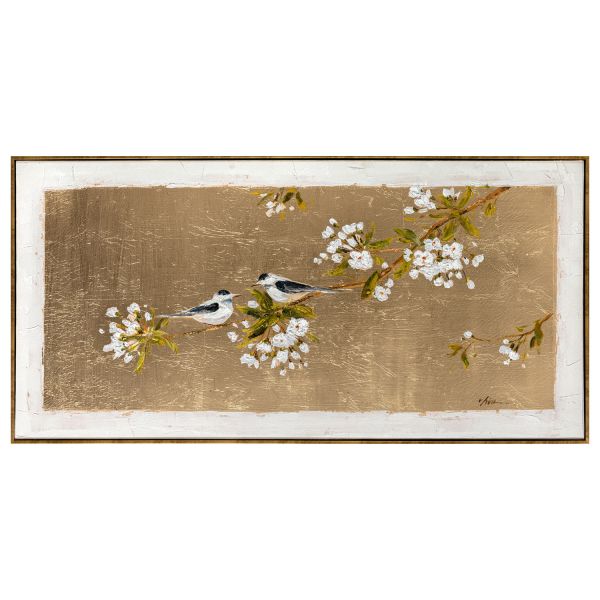 Картина в раме 60х120см, птица на золоте