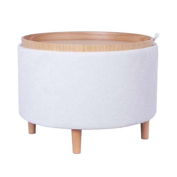 Tumba / galds HIRO D56xH42,5cm, balts, ar uzglabāšanas kasti un paplāti